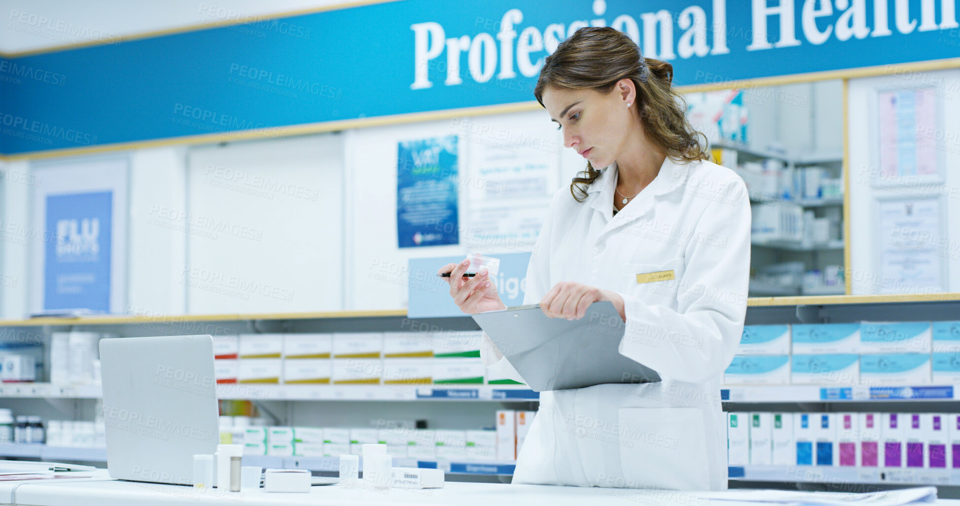 Buy stock photo Pharmacist, laptop and checklist for pills, inventory and medicine as chemist, drugstore and employee. Woman, doctor and technology in pharmacy, clinic or dispensary for prescription, help and advice