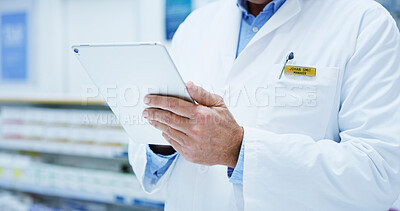 Buy stock photo Pharmacist, tablet and checklist for stock, dispensary and medicine as chemist, drugstore and employee. Mature man, doctor and tech in pharmacy, clinic or inventory with prescription, help and advice