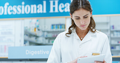 Buy stock photo Pharmacist, tablet and checklist for stock, inventory and medicine as chemist, drugstore and employee. Woman, doctor and technology in pharmacy, clinic or dispensary for prescription, help and advice