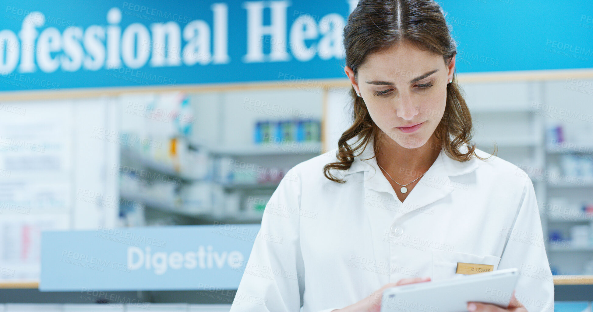 Buy stock photo Pharmacist, tablet and checklist for stock, inventory and medicine as chemist, drugstore and employee. Woman, doctor and technology in pharmacy, clinic or dispensary for prescription, help and advice