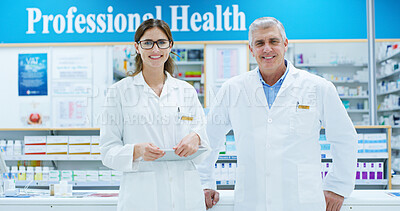 Buy stock photo Woman, man and pharmacist with tablet in portrait at shop for healthcare, drugs and pride for career. People, mentorship and smile at store, dispensary and service with team for wellness in Greece