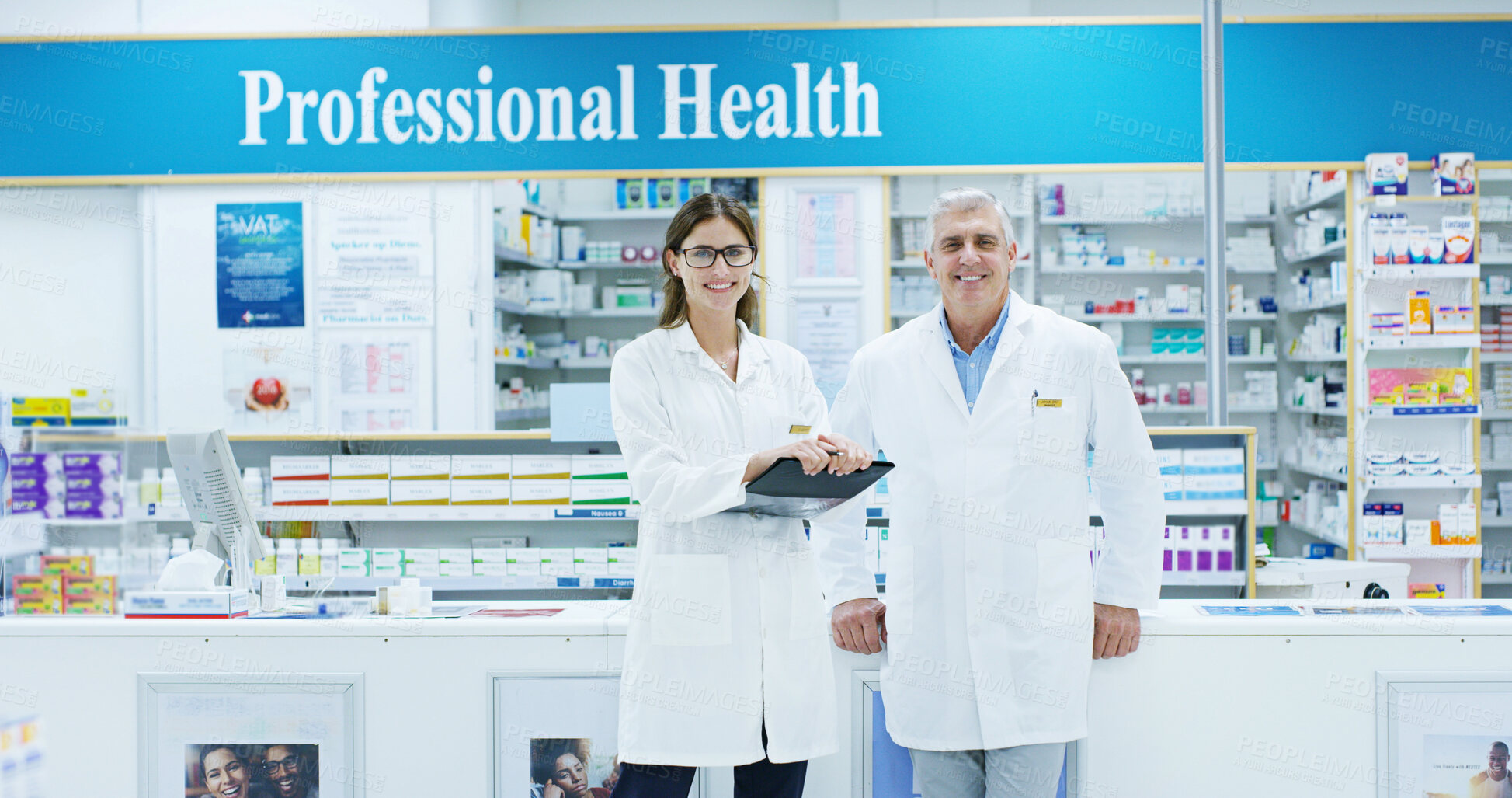 Buy stock photo Clipboard, portrait and smile of people in pharmacy together for healthcare or medicine. Collaboration, documents or medical with man and woman pharmacist in dispensary for consulting or insurance