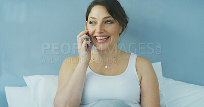 Buy stock photo Phone call, relax and smile with woman in bedroom for communication, contact and social media. Happiness, networking and morning with person with mobile at home for conversation, chat and discussion 