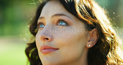 Buy stock photo Happy, thinking and face of woman in park for relaxing, remember and reflection outdoors. Nature, smile and closeup of person in backyard for calm, peace and fresh air with thoughtful expression