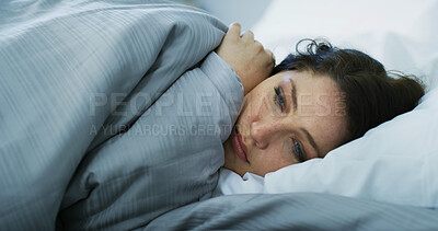 Buy stock photo Sad, woman and relax on bed at house with depression, mental health and insomnia anxiety. Girl, thinking and remember past with trauma challenge, broken heart memory and sleep apnea for loneliness