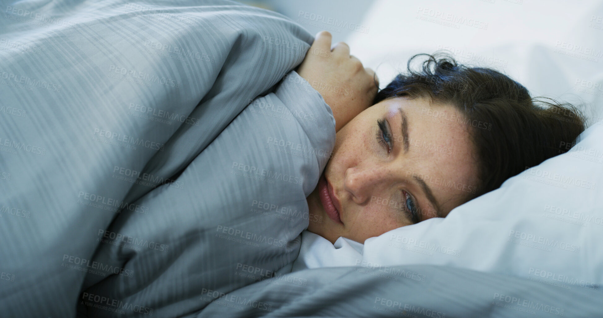 Buy stock photo Sad, woman and relax on bed at house with depression, mental health and insomnia anxiety. Girl, thinking and remember past with trauma challenge, broken heart memory and sleep apnea for loneliness