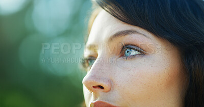 Buy stock photo Nature, thinking and face of woman in park for relaxing, remember and reflection outdoors. Garden, closeup and eyes of person in backyard for calm, peace and fresh air with thoughtful expression