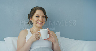 Buy stock photo Thinking, morning and happy woman drinking coffee in bedroom to rest for calm, peace and enjoy relax. Bed, smile and female person with tea cup for energy, space or dream for planning future in home