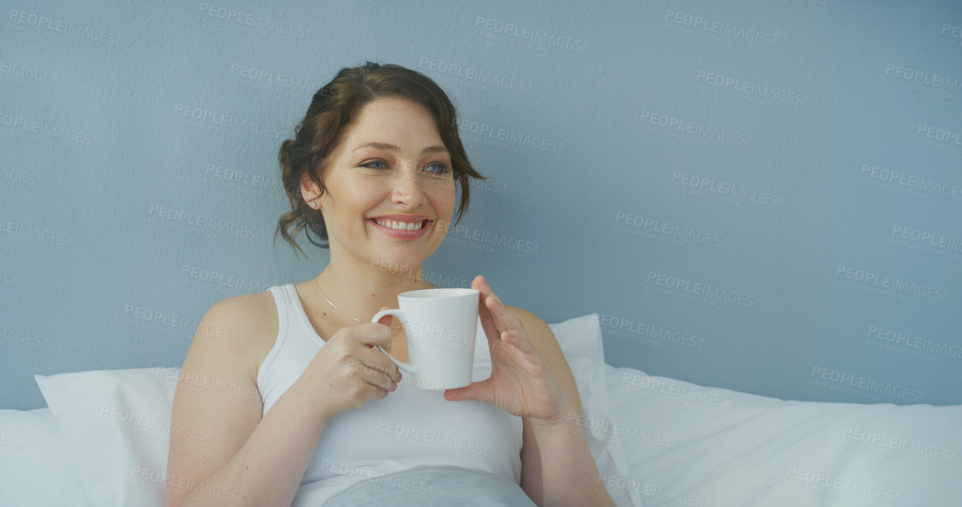 Buy stock photo Thinking, morning and happy woman drinking coffee in bedroom to rest for calm, peace and enjoy relax. Bed, smile and female person with tea cup for energy, space or dream for planning future in home