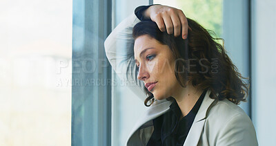 Buy stock photo Business, woman and thinking at window with depression for corporate mistake, bankruptcy and financial crisis. Professional, disappointed and headache for job loss, unemployment and stress in office