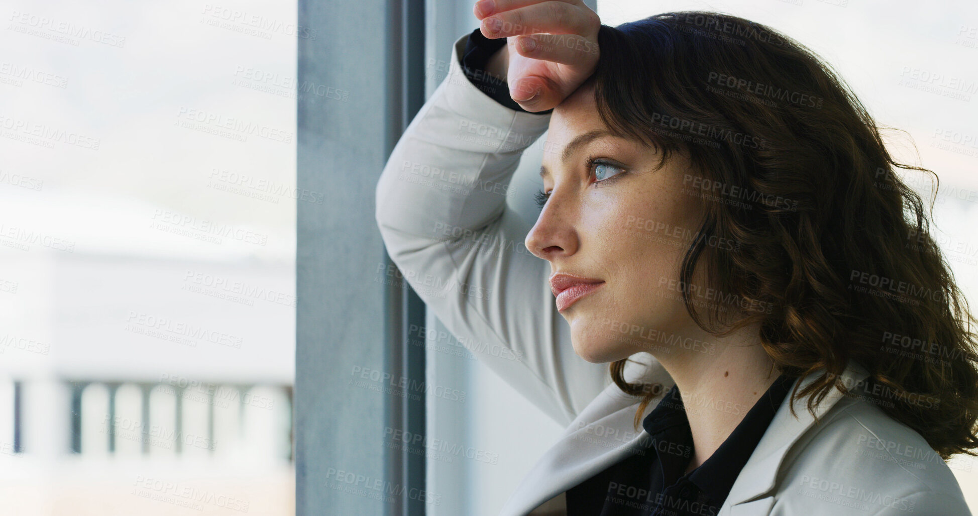 Buy stock photo Business, woman and thinking at window with stress for corporate mistake, bankruptcy and financial crisis. Professional, disappointed and headache for job loss, unemployment and depression in office