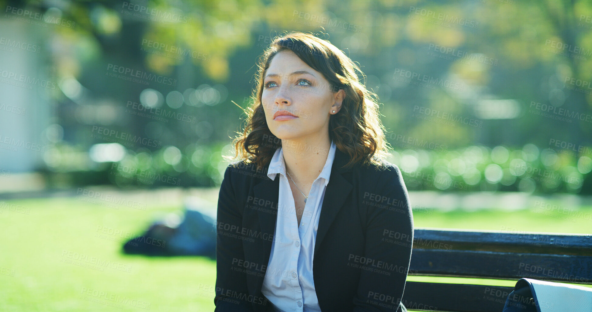 Buy stock photo Business, woman and thinking at park with depression for corporate mistake, bankruptcy and financial crisis. Professional, person and stress outdoor with job loss, unemployment and failure on bench