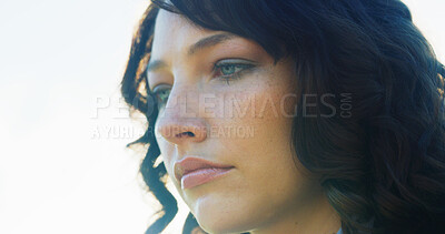 Buy stock photo Sad, woman and crying for thinking with depression, mental health and mistake anxiety. Girl, face and remember past with trauma challenge, broken heart thought and emotional ptsd of loneliness crisis