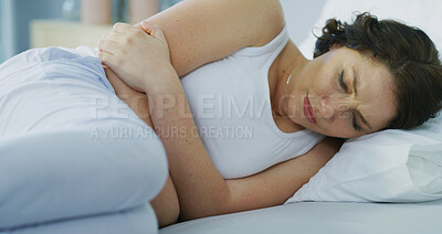 Buy stock photo Sad, woman and crying on bed at house with depression, mental health and insomnia anxiety. Girl, emotional grief and remember past with trauma challenge, broken heart and sleep apnea for loneliness