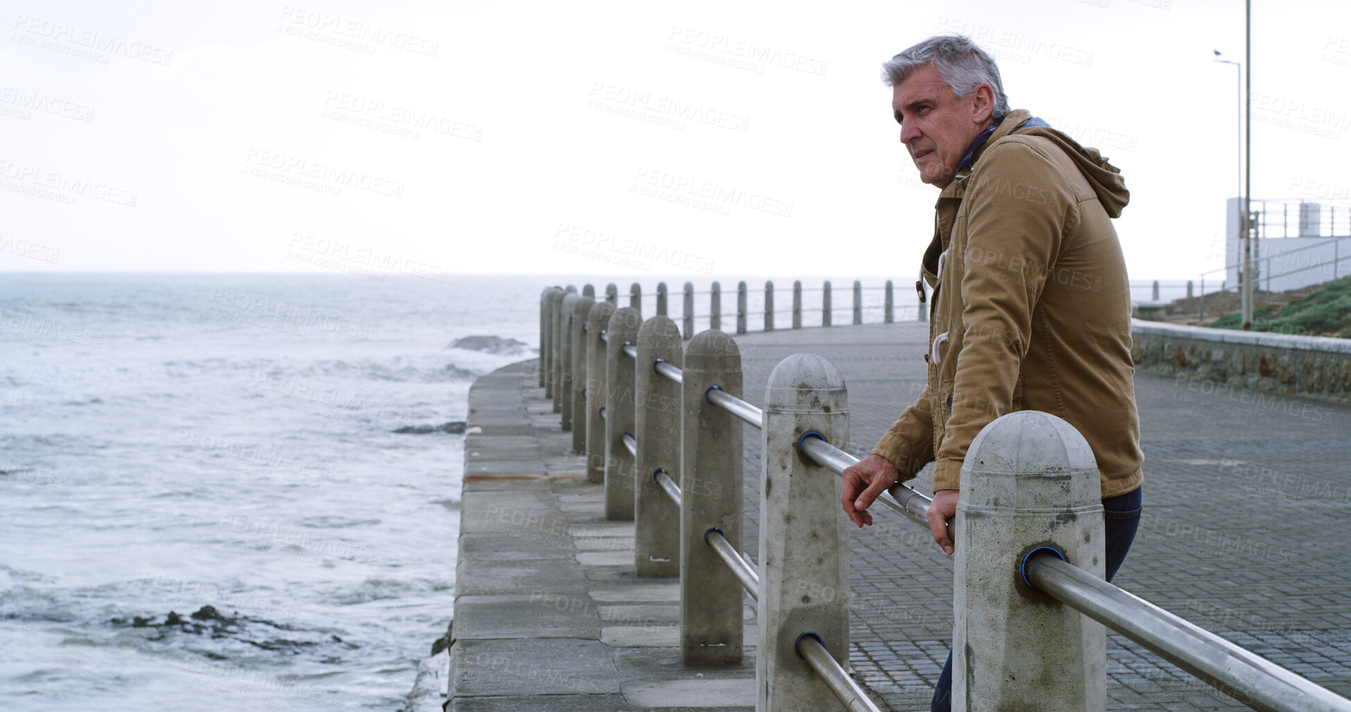 Buy stock photo Mature man, thinking and stress by beach with outdoor, planning or reflection for break on weekend. Male person, mental health and wellness by seaside, ocean or water for space, memory or mindfulness