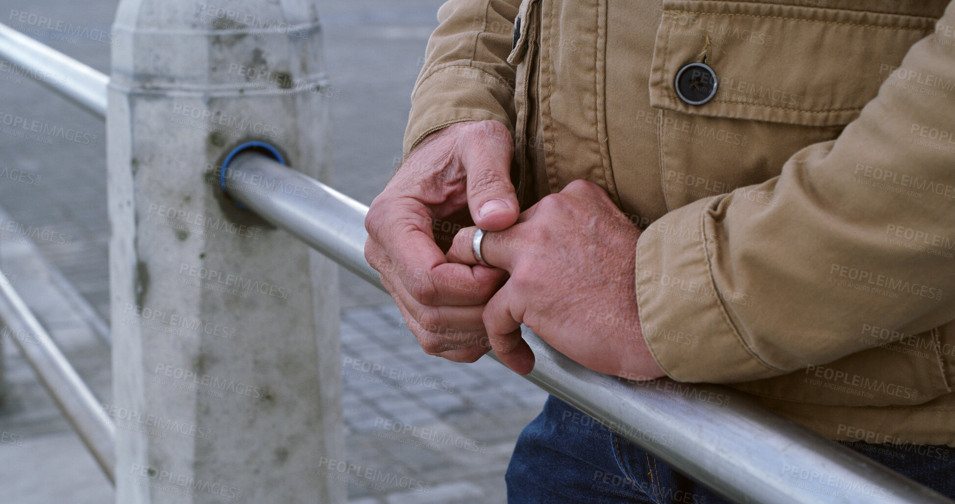 Buy stock photo Outdoor, man and hand with ring for divorce with marriage issues, cheating and conflict. Male person, closeup and toxic relationship with regret for betrayal, affair and separation with infidelity