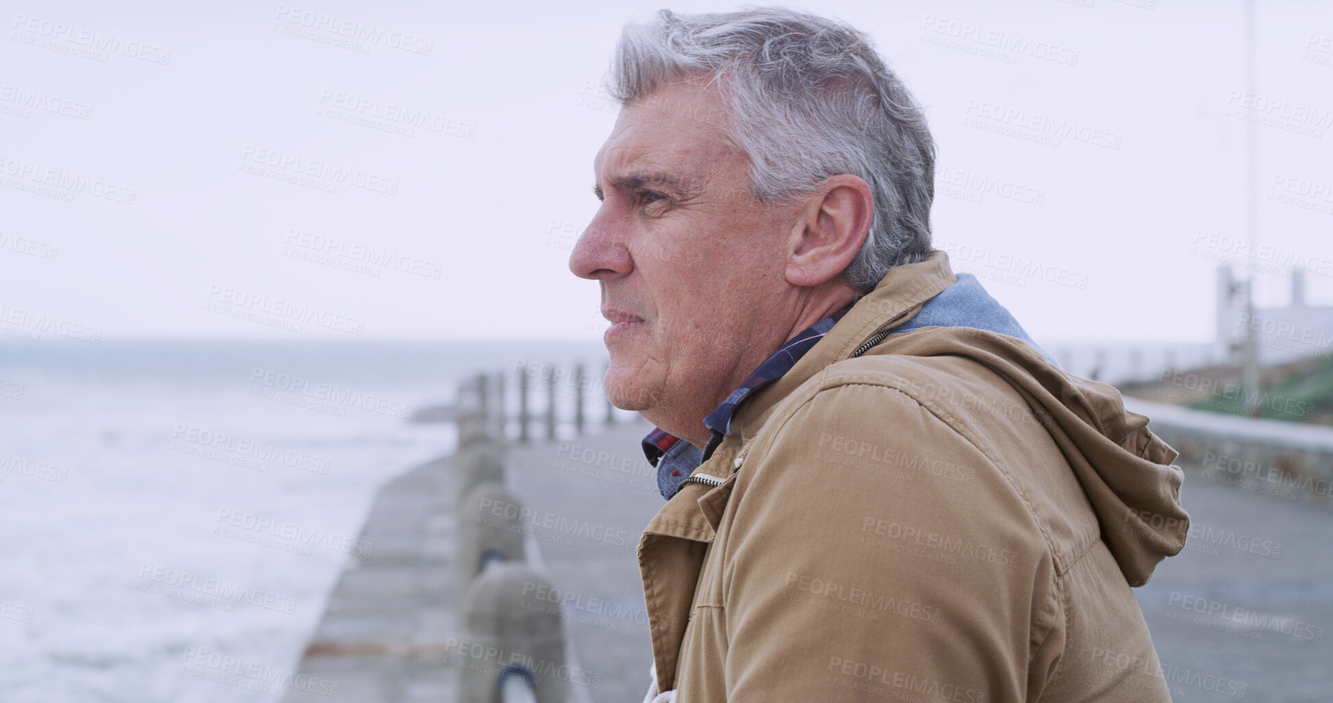 Buy stock photo Thinking, relax and memory with old man at beach for reflection, mental health and inspiration. Perspective, vision and mindset with senior person contemplating outdoors for decision and break