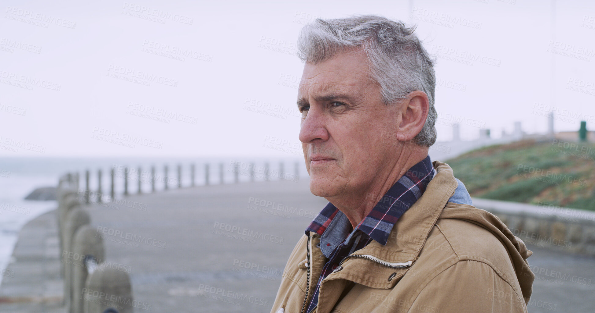 Buy stock photo Thinking, calm and memory with old man at beach for reflection, mental health and inspiration. Perspective, vision and mindset with senior person contemplating in outdoors for decision and break