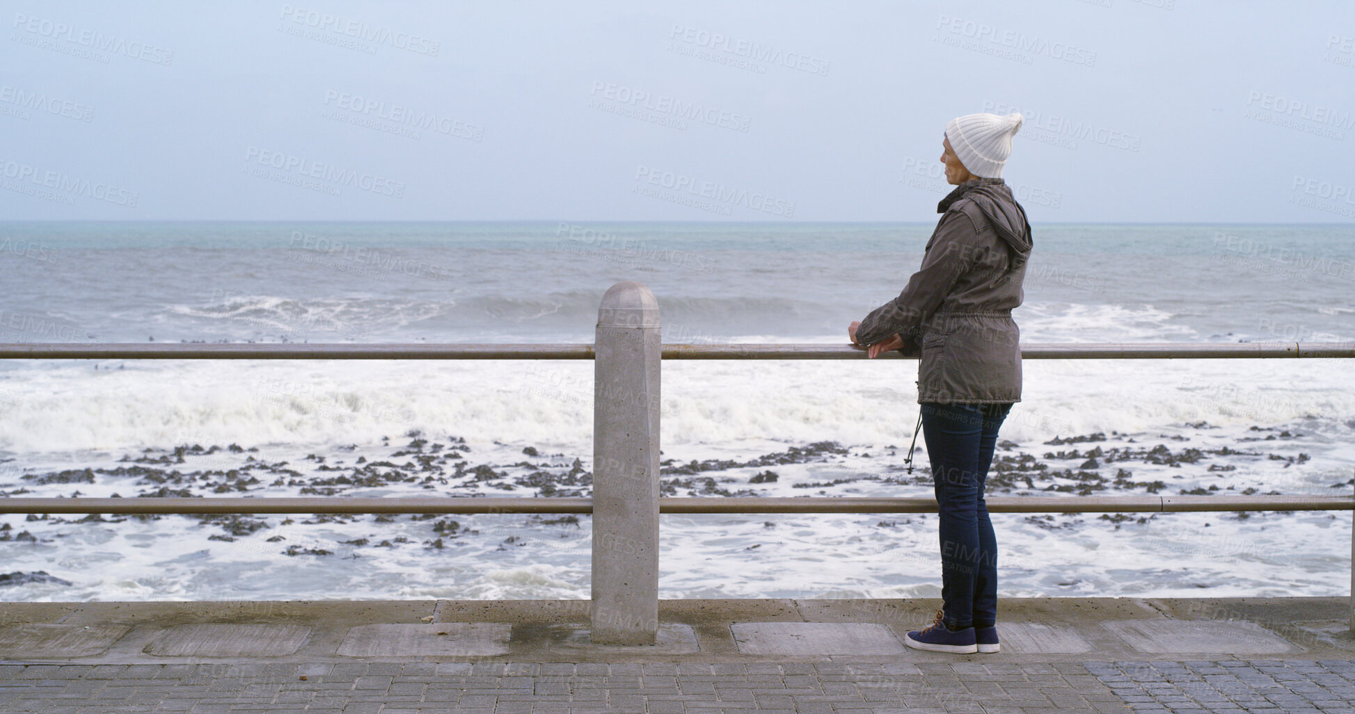 Buy stock photo Mature woman, wellness and thinking by ocean for relax, planning and reflection on weekend. Female person, mental health and outdoor by seaside or water with space, memory and mindfulness for break