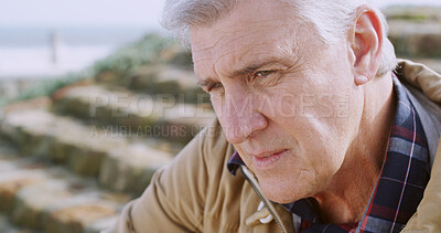 Buy stock photo Sad, outdoor and mature man with thinking, stress and struggle to remember from Alzheimer diagnosis. Retirement, grief and lonely male person with depression, memory loss and anxiety on steps