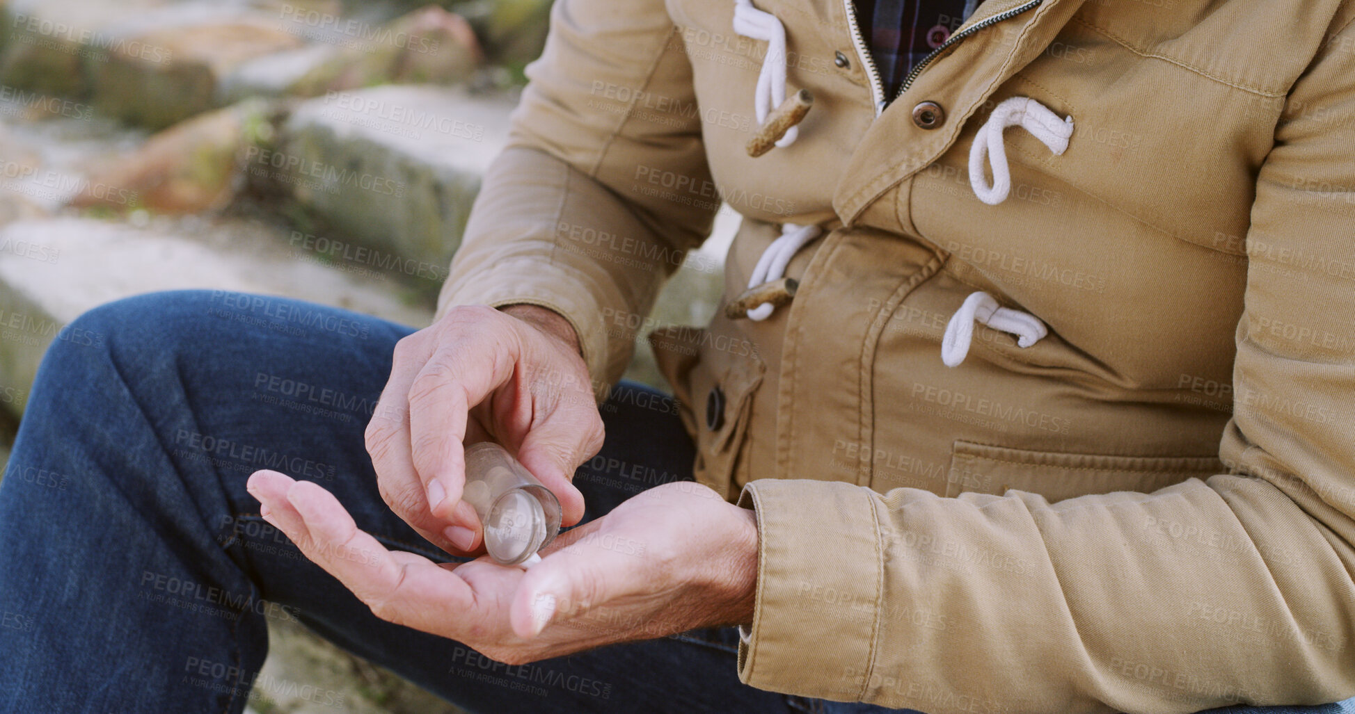 Buy stock photo Man, hands or medication with pills on stairs for medical supplements, cure or prescription. Closeup, male person or patient with tablets, drugs or pharmaceuticals for dosage, relief or pain on steps