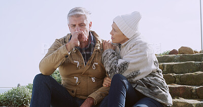 Buy stock photo Comfort, support and talking with senior couple in outdoor for sad, depression and bad news. Communication, anxiety and mental health with elderly man and woman for retirement, bonding and empathy