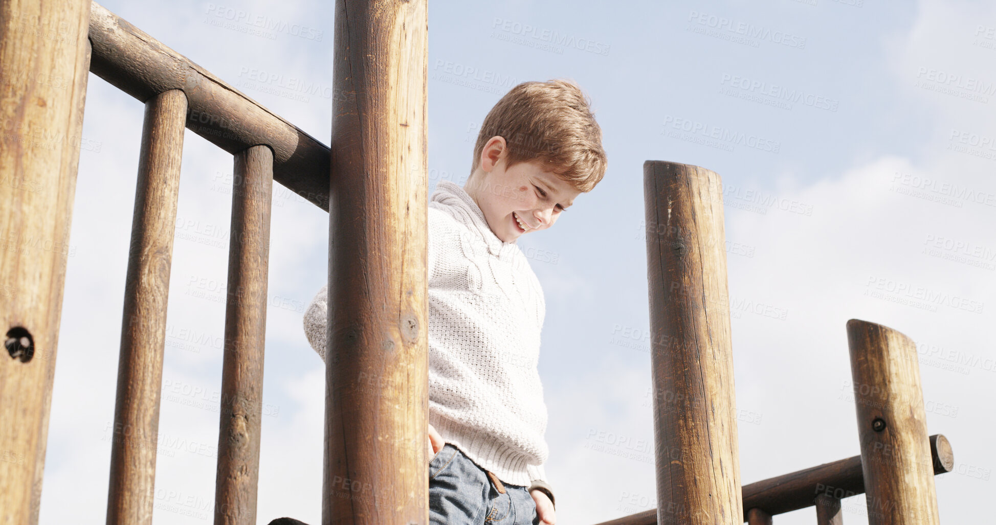 Buy stock photo Happy, child and monkey bars at playground outdoor with equipment, adventure and playful exercise. Smile, boy and fun games with motor growth, balance safety and gym support for childhood activity 