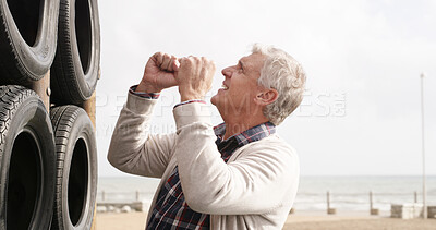 Buy stock photo Happy, senior man with fist at beach playground for cheering, equipment and adventure success. Smile, grandfather and support child for climbing games, balance safety and bonding together of activity