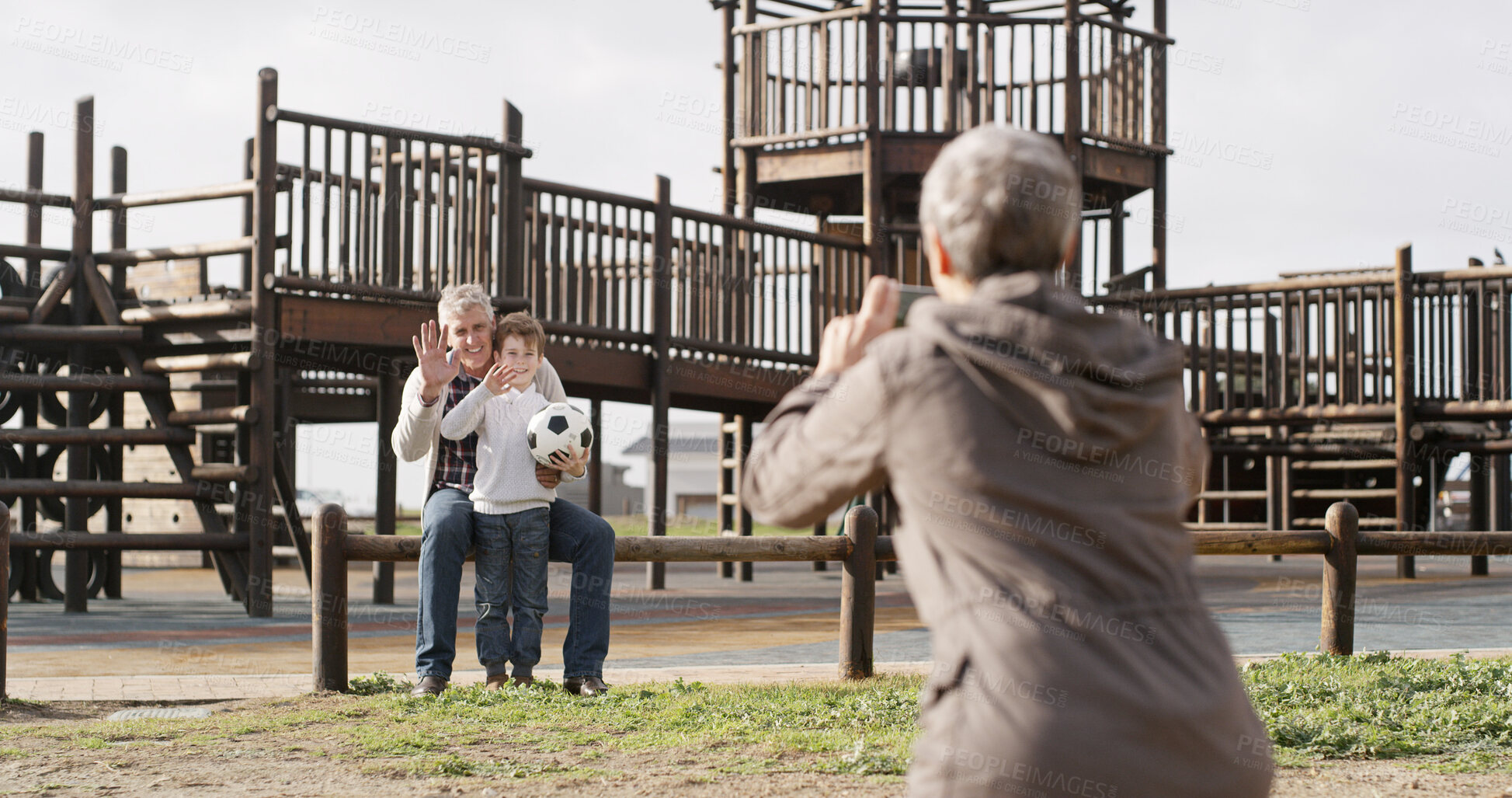 Buy stock photo Senior people, grandchild and photography for bonding together in park, outdoor and playground. Grandparents, boy and weekend for memory, care and vacation on holiday in winter with family or support