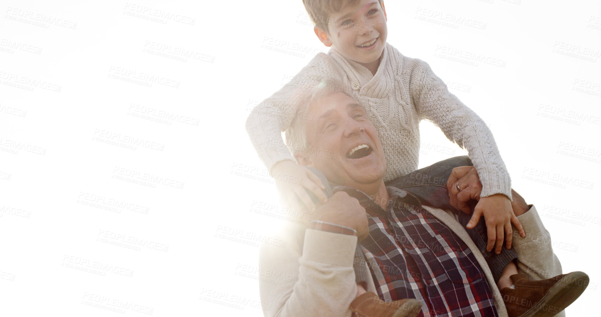 Buy stock photo Grandfather, boy and smile on shoulders, outdoor and bonding at park on vacation in summer. Senior man, child and piggy back with funny memory, care and love with games, playful and family in Germany