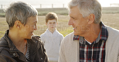 Buy stock photo Child neglect, ignore and grandparents with kid in park for generations gap, mental health and fostering failure. Family Issue, abandoned and adoption with mature man and woman with boy in nature