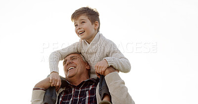 Buy stock photo Grandpa, boy and happy on shoulders, outdoor and holding hands for bonding on vacation in summer. Senior man, child and piggy back with smile, care and love with games, playful and family in Germany