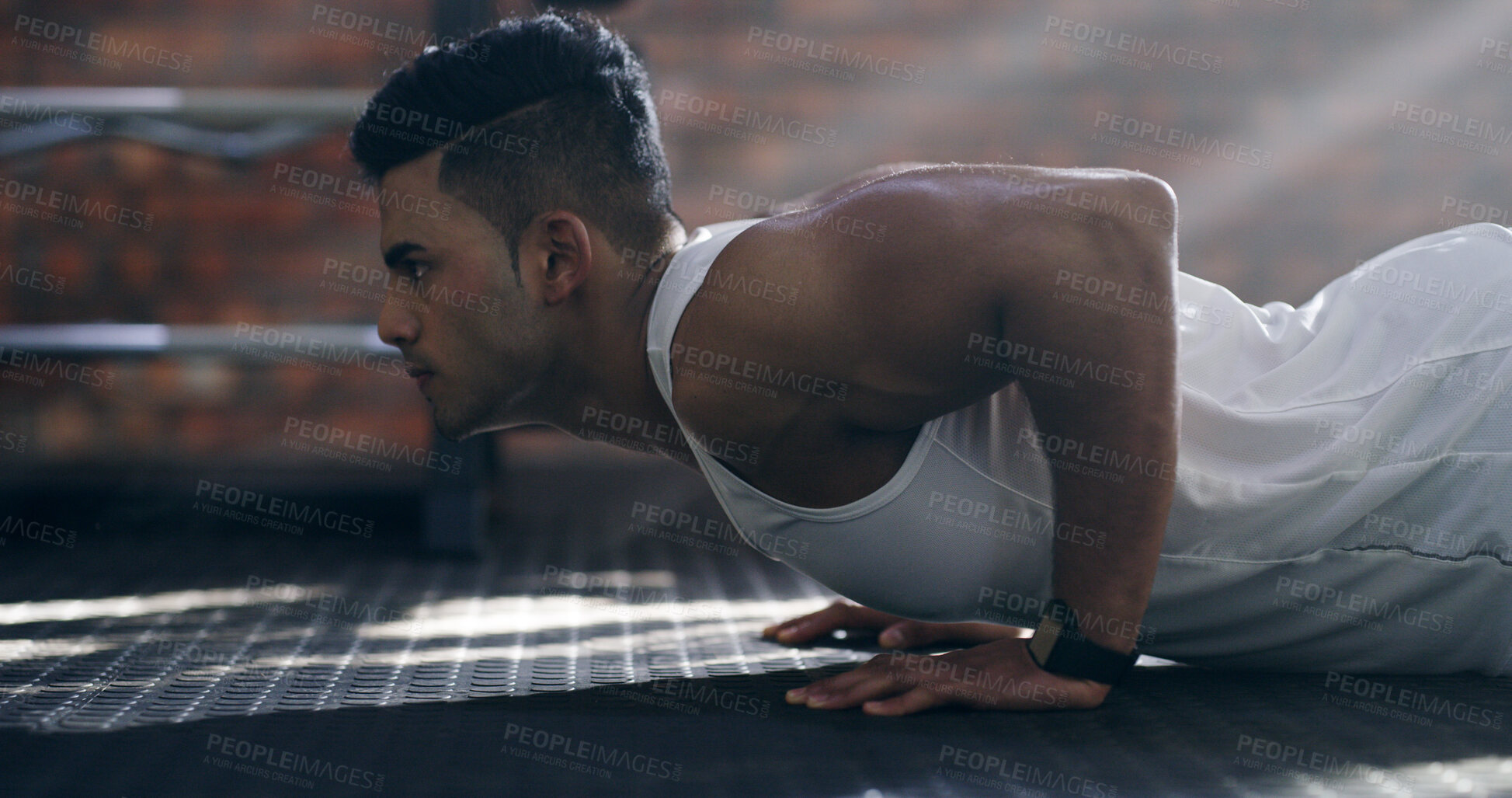 Buy stock photo Man, fitness or push ups with workout at gym for muscle gain, strength or exercise on floor. Male person, active or athlete lifting body weight with dedication for training or wellness at health club