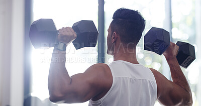 Buy stock photo Fitness, man and weights with exercise in gym for strong muscles, biceps growth or workout performance. Athlete back, bodybuilder and weightlifting at sports center for endurance training or wellness