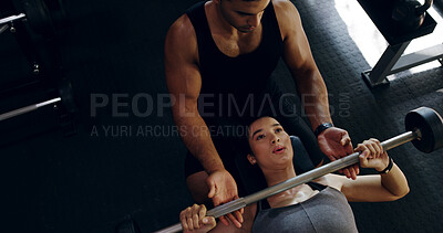 Buy stock photo Fitness, help or weightlifting with personal trainer and woman in gym for strength training from above. Barbell, power or workout with coach and confident person in health club for challenge