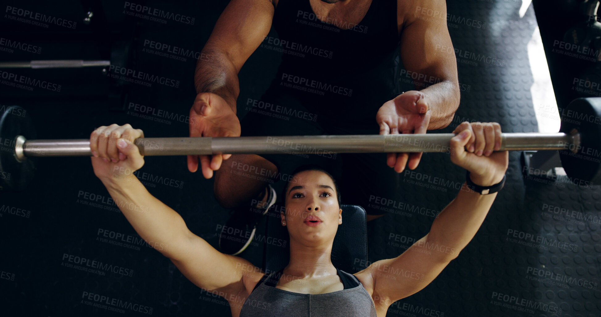 Buy stock photo Fitness, power or weightlifting with personal trainer and woman in gym for strength training from above. Barbell, breathing or workout with coach and person in health club for exercise challenge