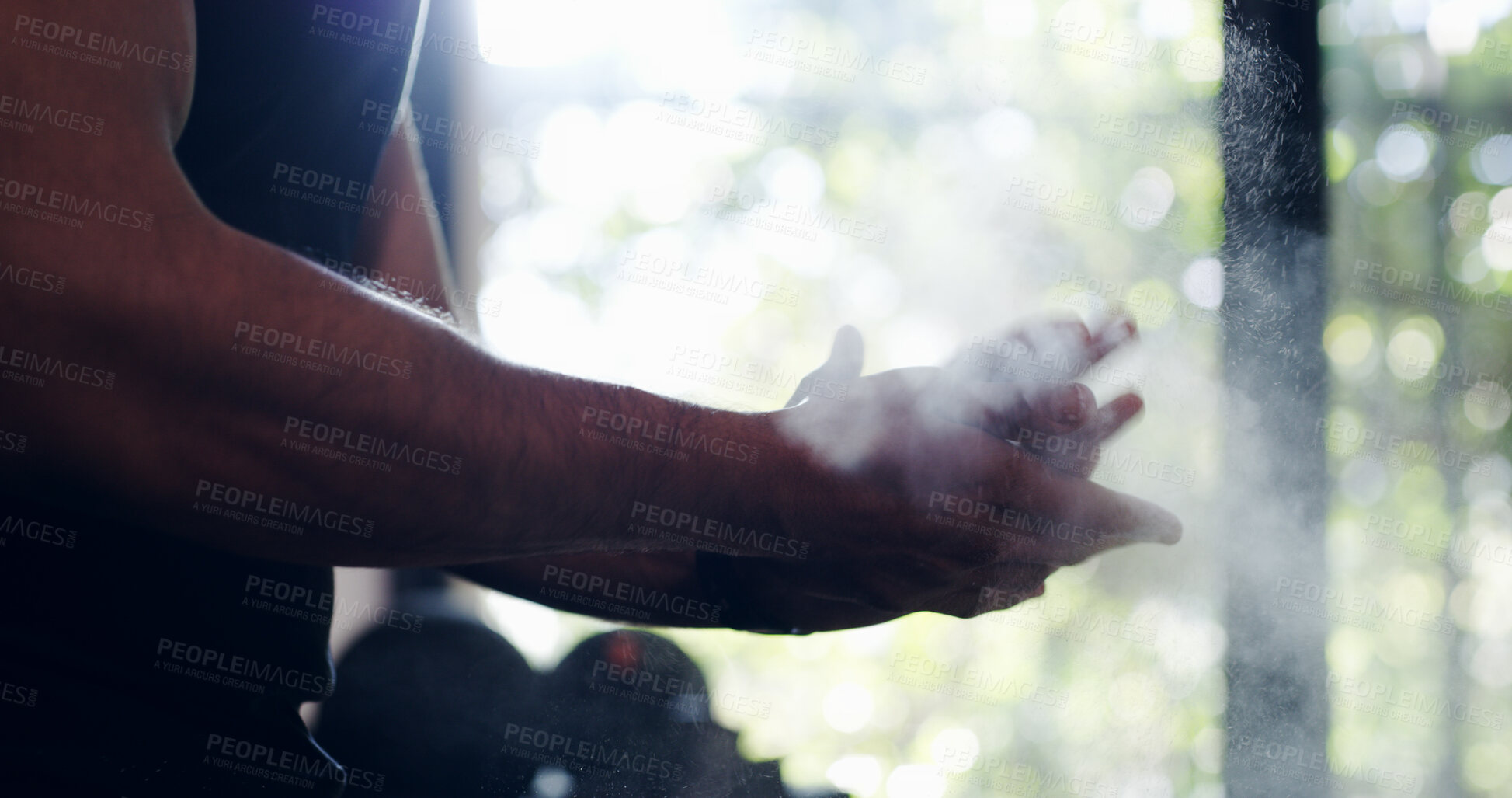 Buy stock photo Man, clapping and hands with chalk for fitness, workout preparation or exercise at gym. Closeup, male person or bodybuilder getting ready with powder for weightlifting or training at health club