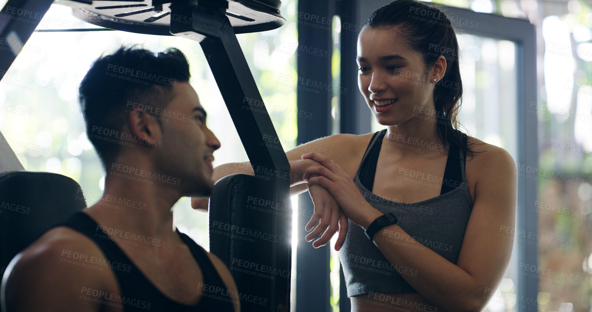 Buy stock photo Fitness, couple and break in gym with support, talking and bonding in healthy relationship. Happy man, woman and rest at sports equipment for wellness, team workout and progress discussion for care