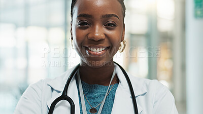 Buy stock photo Portrait, happy black woman and doctor in hospital for healthcare service, wellness and job. Face, smile and medical professional, cardiologist and confident female person working in clinic in Ghana