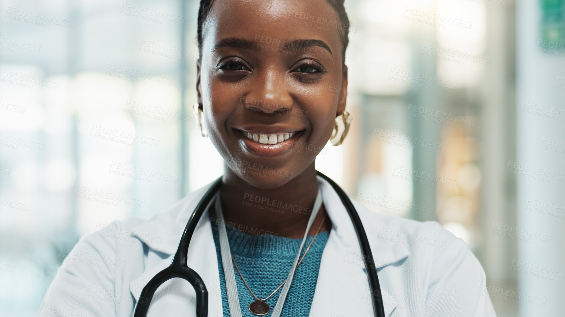 Buy stock photo Portrait, happy black woman and doctor in hospital for healthcare service, wellness and job. Face, smile and medical professional, cardiologist and confident female person working in clinic in Ghana