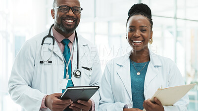 Buy stock photo Black people, doctors and happy with folder and tablet on portrait for healthcare service in Kenya. Clinic, employees and smile or proud in confidence for teamwork, collaboration and ambition