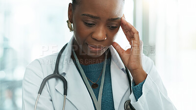 Buy stock photo Doctor, black woman and stress with headache in hospital for medical crisis, healthcare mistake or surgery fail. Medicine, professional or person with migraine from anxiety, worry or clinical problem