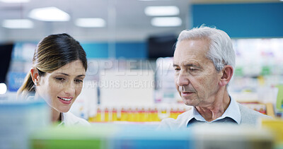 Buy stock photo Senior man, woman and help in pharmacy for medicine, wellness and advice for supplement choice. Elderly person, pharmacist and customer service at shelf for pharmaceutical, trust and expert opinion