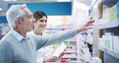 Buy stock photo Elderly man, pharmacist and help in pharmacy for medicine, choosing and advice for supplement choice. Senior person, woman and customer service at shelf for pharmaceutical, decision or expert opinion