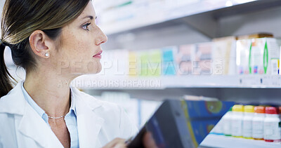 Buy stock photo Pharmacist, woman or tablet with inventory by shelves for online order, prescription medication or store database. Medical, professional or digital checklist for pharmaceutical drugs or system update