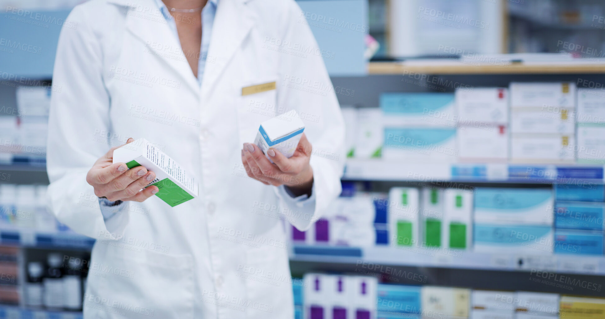 Buy stock photo Pharmacist, hands or box with pills in pharmacy for inventory check, prescription order or drugs dispensary. Medical, professional or supplement medication in store for pharmaceutical stock or health