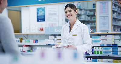 Buy stock photo Happy pharmacist, tablet and woman helping customer for recommendation, advice or prescription in retail drugstore. Medical pharmacy, man and consultation with technology for healthcare and medicine