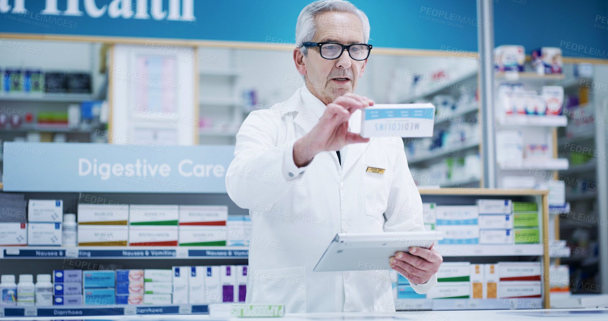 Buy stock photo Mature, pharmacist and man with drugs on tablet for inventory check, online order and pills dispensary. Medical, professional and medication box in pharmacy store for pharmaceutical stock checklist