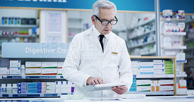 Buy stock photo Mature man, tablet and pharmacist in drug store to check sales, medicine stock or inventory online. Pharmacy, medical professional and digital technology for healthcare, wellness email or telehealth