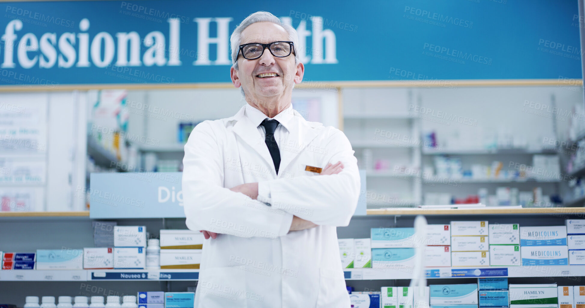 Buy stock photo Arms crossed, mature and portrait of pharmacist man in dispensary for cure, treatment or vitamins. Healthcare, medical and supplements with smile of happy person in clinic, hopsital or pharmacy